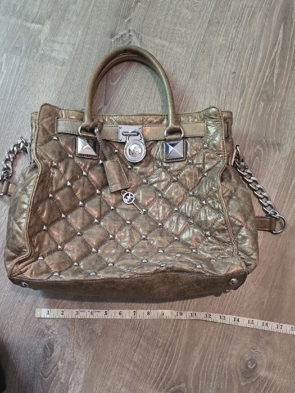Michael Kors Quilted Metallic Bronze Leather Satchel with Chain Strap